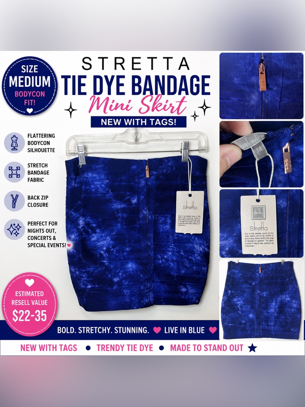 Stretta Blue Tie-Dye Bandage Mini Skirt with Back Zip